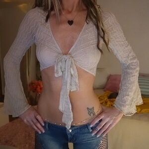 Tan mesh bell sleeve crop top